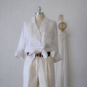 White Linen Pajama Button Up Top/Long Sleeve